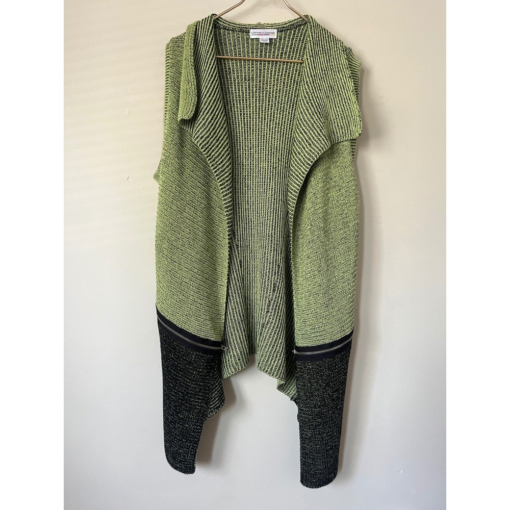 Cotton Country Womens XL Green Black Knit Vest Zipper Detail Open Front Cardigan